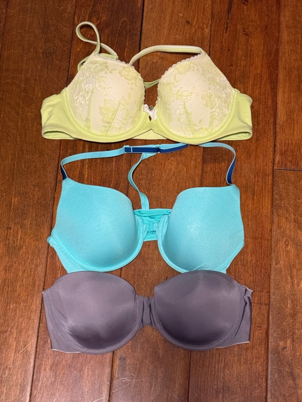3 Pack Victoria’s Secret Bras - Yellow, Teal, Gray 34C NWOT and Like New